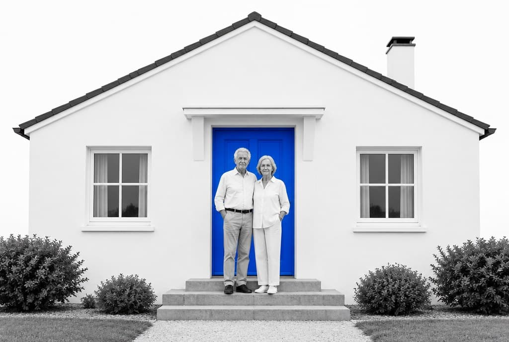 A couple in their seventies on the front step of their house. The front door is the only color in the photo.