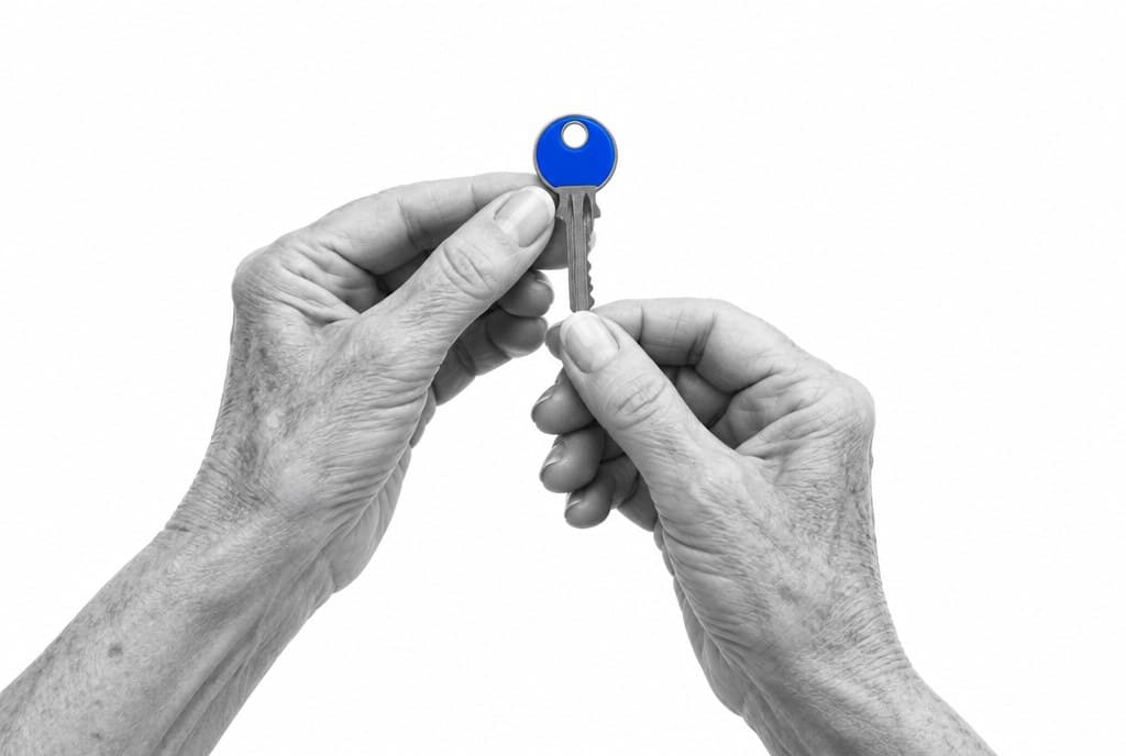 The hands of a woman in her seventies holding a house key with a blue cap